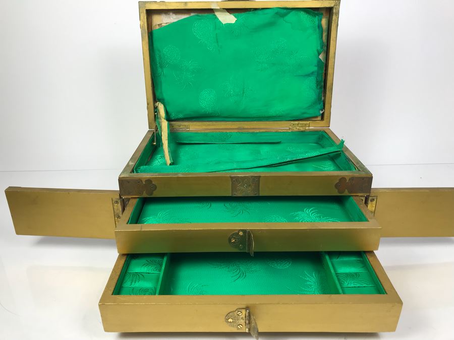 Vintage Gilded Asian Jewelry Box With Embossed Stone Carvings On Top - See Photos For Condition Of Inside Fabric On Top [Photo 2]