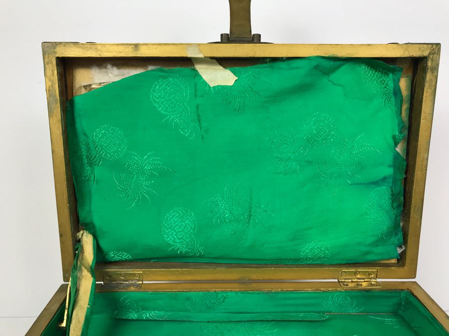 Vintage Gilded Asian Jewelry Box With Embossed Stone Carvings On Top - See Photos For Condition Of Inside Fabric On Top [Photo 17]