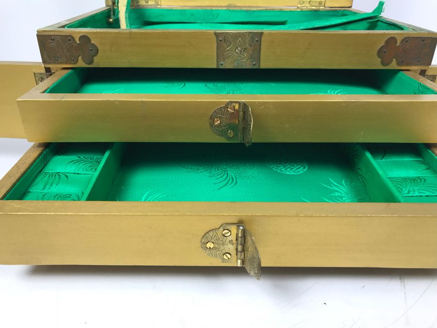 Vintage Gilded Asian Jewelry Box With Embossed Stone Carvings On Top - See Photos For Condition Of Inside Fabric On Top [Photo 16]