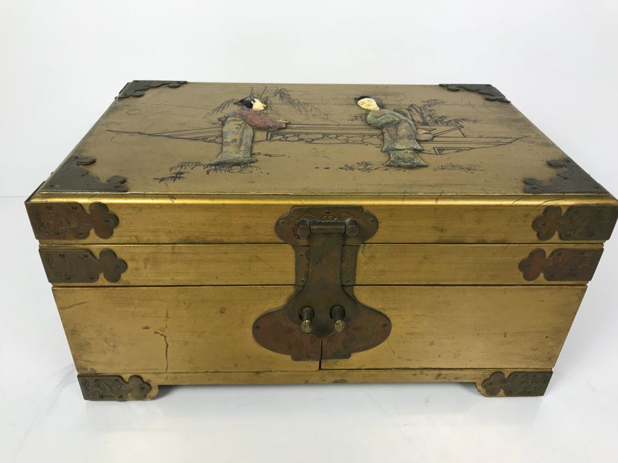 Vintage Gilded Asian Jewelry Box With Embossed Stone Carvings On Top - See Photos For Condition Of Inside Fabric On Top [Photo 1]