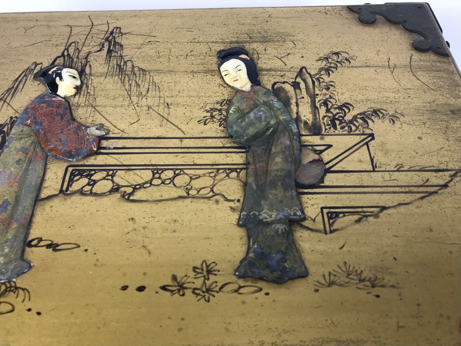 Vintage Gilded Asian Jewelry Box With Embossed Stone Carvings On Top - See Photos For Condition Of Inside Fabric On Top [Photo 9]