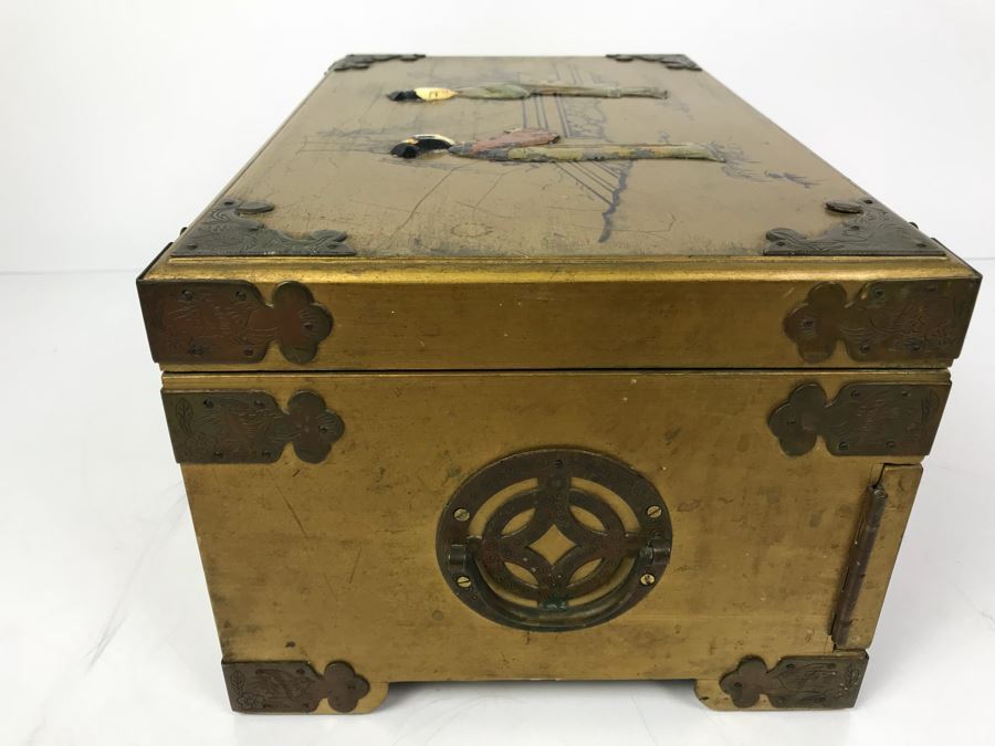 Vintage Gilded Asian Jewelry Box With Embossed Stone Carvings On Top - See Photos For Condition Of Inside Fabric On Top [Photo 11]