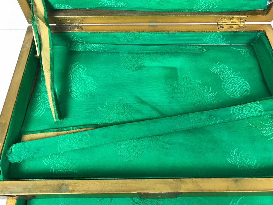 Vintage Gilded Asian Jewelry Box With Embossed Stone Carvings On Top - See Photos For Condition Of Inside Fabric On Top [Photo 18]