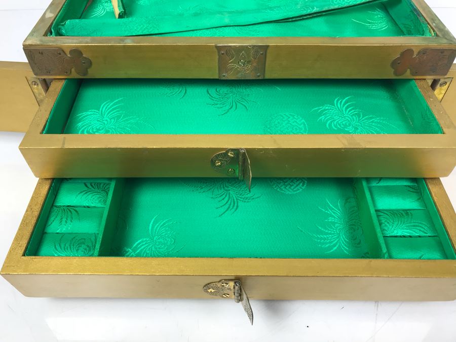 Vintage Gilded Asian Jewelry Box With Embossed Stone Carvings On Top - See Photos For Condition Of Inside Fabric On Top [Photo 15]