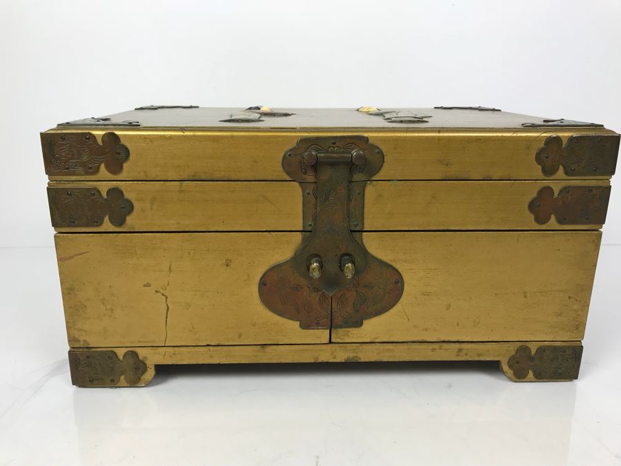 Vintage Gilded Asian Jewelry Box With Embossed Stone Carvings On Top - See Photos For Condition Of Inside Fabric On Top [Photo 3]