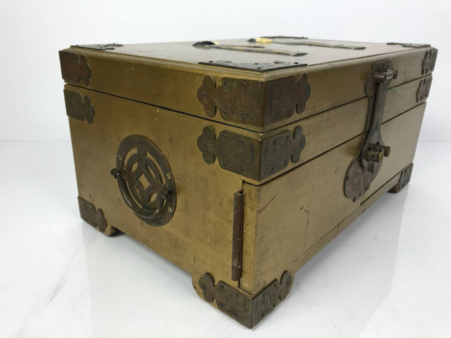 Vintage Gilded Asian Jewelry Box With Embossed Stone Carvings On Top - See Photos For Condition Of Inside Fabric On Top [Photo 10]