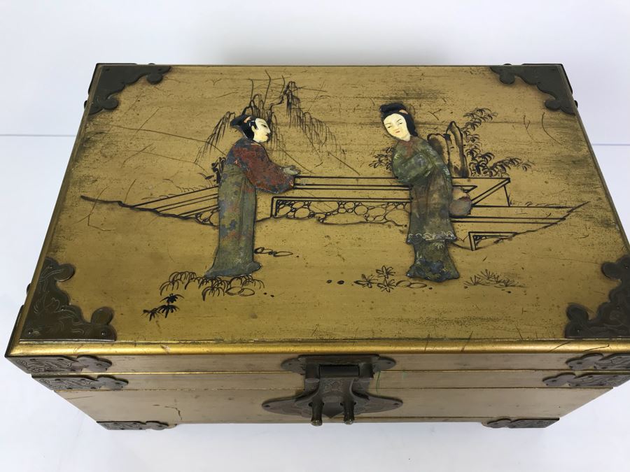 Vintage Gilded Asian Jewelry Box With Embossed Stone Carvings On Top - See Photos For Condition Of Inside Fabric On Top [Photo 4]