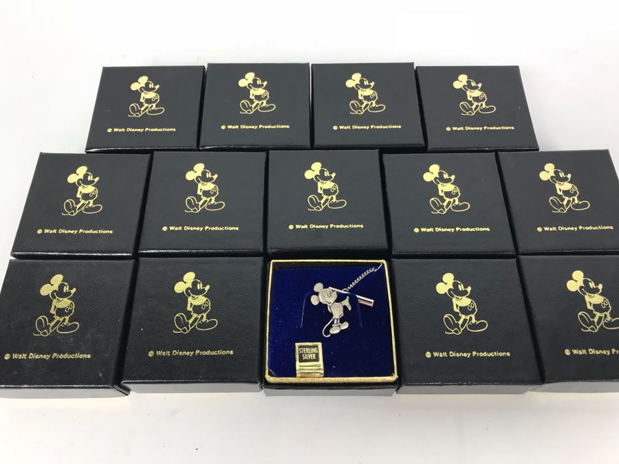 Collection Of (14) Vintage Sterling Silver Mickey Mouse Tie Pins From Disneyland Park - See Photos For Box Tops  (Fulton Burley)  [Photo 2]
