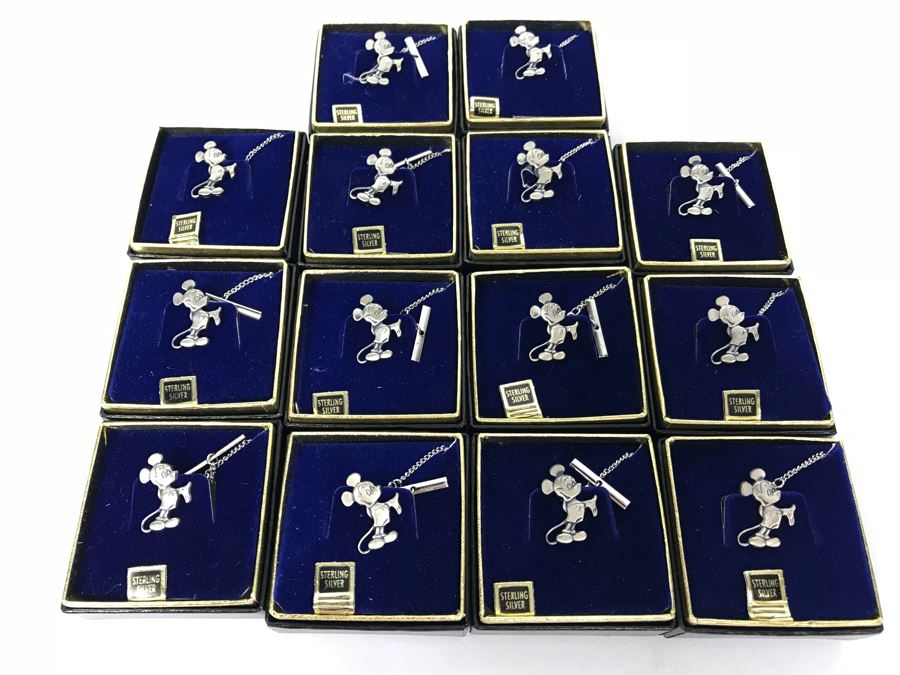 Collection Of (14) Vintage Sterling Silver Mickey Mouse Tie Pins From Disneyland Park - See Photos For Box Tops  (Fulton Burley)  [Photo 1]