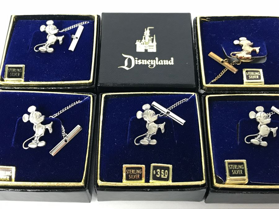 Collection Of (6) Vintage Sterling Silver Mickey Mouse Tie Pins From Disneyland Park - See Photos For Box Tops  (Fulton Burley) [Photo 7]