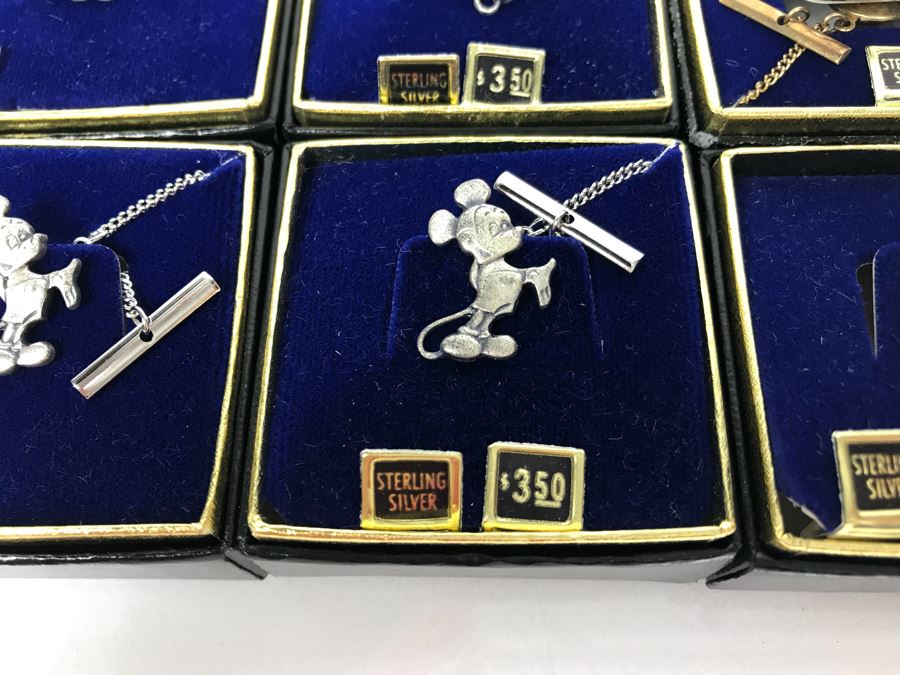 Collection Of (6) Vintage Sterling Silver Mickey Mouse Tie Pins From Disneyland Park - See Photos For Box Tops  (Fulton Burley) [Photo 3]