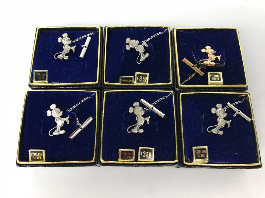 Collection Of (6) Vintage Sterling Silver Mickey Mouse Tie Pins From Disneyland Park - See Photos For Box Tops  (Fulton Burley) [Photo 2]