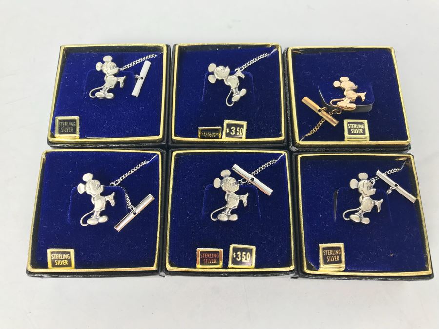 Collection Of (6) Vintage Sterling Silver Mickey Mouse Tie Pins From Disneyland Park - See Photos For Box Tops  (Fulton Burley)