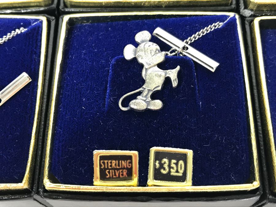 Collection Of (6) Vintage Sterling Silver Mickey Mouse Tie Pins From Disneyland Park - See Photos For Box Tops  (Fulton Burley) [Photo 4]