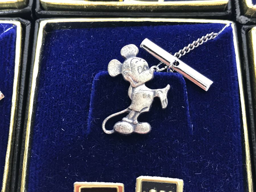 Collection Of (6) Vintage Sterling Silver Mickey Mouse Tie Pins From Disneyland Park - See Photos For Box Tops  (Fulton Burley) [Photo 5]