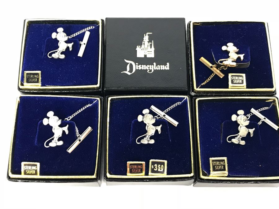 Collection Of (6) Vintage Sterling Silver Mickey Mouse Tie Pins From Disneyland Park - See Photos For Box Tops  (Fulton Burley) [Photo 6]
