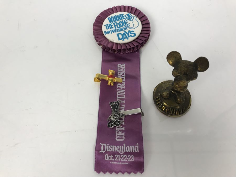 Winnie The Pooh For President Days Disneyland Fun-Raiser Ribbon, Winnie The Pooh Tie Clip, Movies USA Tie Clip And Vintage Disneyland Mickey Mouse Brass Figurine [Photo 2]