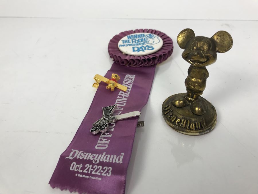 Winnie The Pooh For President Days Disneyland Fun-Raiser Ribbon, Winnie The Pooh Tie Clip, Movies USA Tie Clip And Vintage Disneyland Mickey Mouse Brass Figurine [Photo 3]