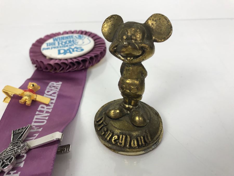 Winnie The Pooh For President Days Disneyland Fun-Raiser Ribbon, Winnie The Pooh Tie Clip, Movies USA Tie Clip And Vintage Disneyland Mickey Mouse Brass Figurine [Photo 4]