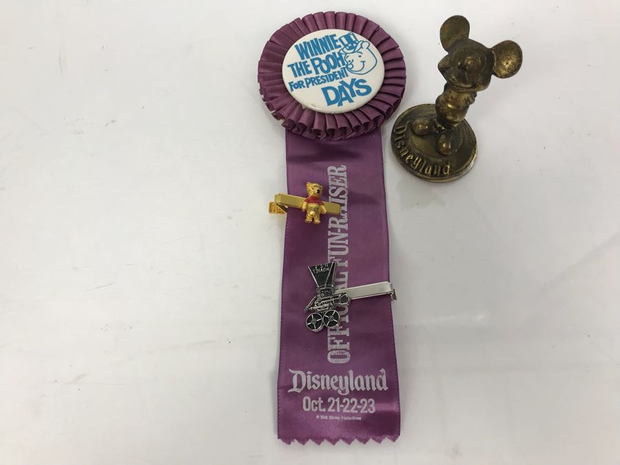 Winnie The Pooh For President Days Disneyland Fun-Raiser Ribbon, Winnie The Pooh Tie Clip, Movies USA Tie Clip And Vintage Disneyland Mickey Mouse Brass Figurine [Photo 10]