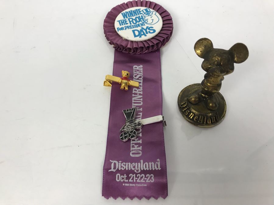 Winnie The Pooh For President Days Disneyland Fun-Raiser Ribbon, Winnie The Pooh Tie Clip, Movies USA Tie Clip And Vintage Disneyland Mickey Mouse Brass Figurine