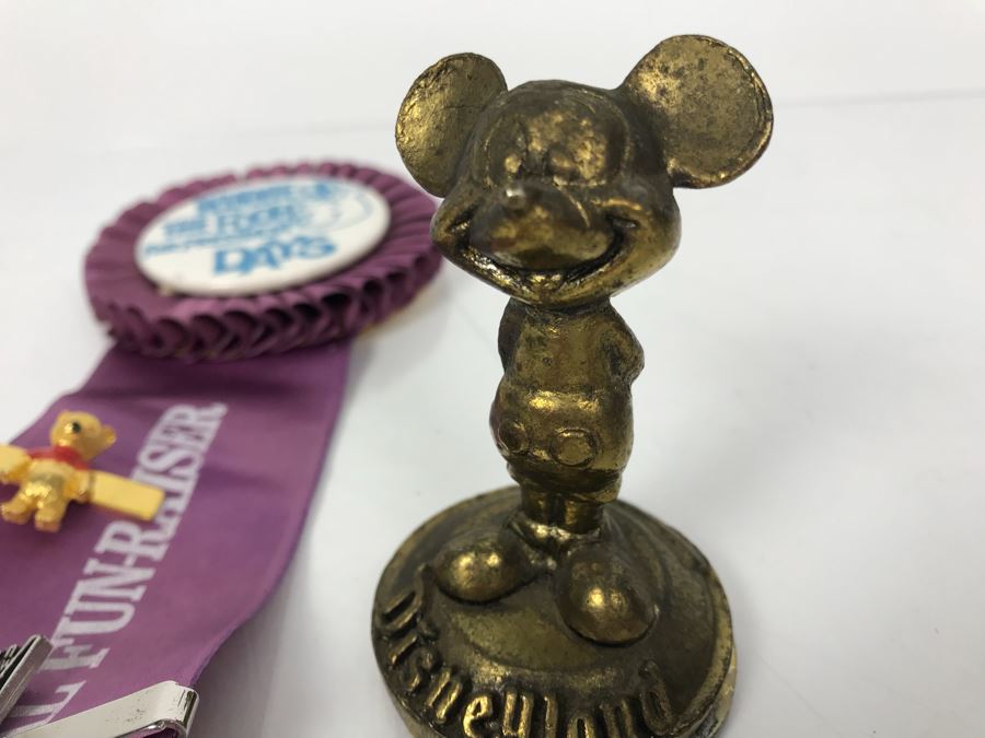 Winnie The Pooh For President Days Disneyland Fun-Raiser Ribbon, Winnie The Pooh Tie Clip, Movies USA Tie Clip And Vintage Disneyland Mickey Mouse Brass Figurine [Photo 6]