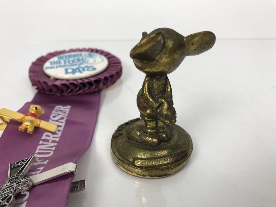 Winnie The Pooh For President Days Disneyland Fun-Raiser Ribbon, Winnie The Pooh Tie Clip, Movies USA Tie Clip And Vintage Disneyland Mickey Mouse Brass Figurine [Photo 7]
