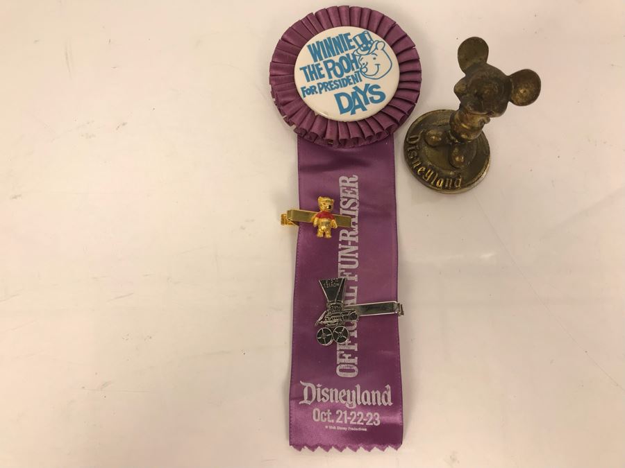 Winnie The Pooh For President Days Disneyland Fun-Raiser Ribbon, Winnie The Pooh Tie Clip, Movies USA Tie Clip And Vintage Disneyland Mickey Mouse Brass Figurine [Photo 9]