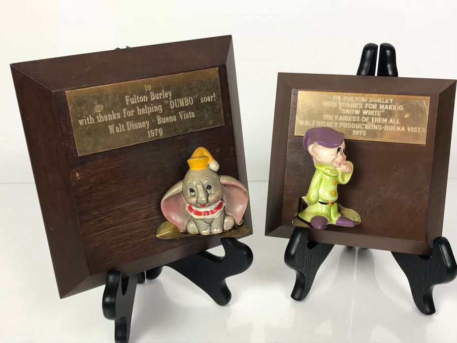 Vintage Fulton Burley Plaque Awards With Figurines For Promoting Walt Disney Movies 'DUMBO' 1976 And 'Snow White' 1975 (Stands Not Included) [Photo 1]