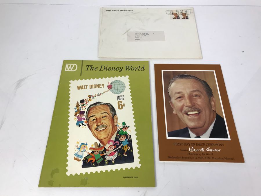 First Day Of Issue Ceremony Program Honoring Walt Disney With First Day Of Issue Stamp 9/11/1968 And Disney World Magazine Nov 1968 Showing Stamp [Photo 1]