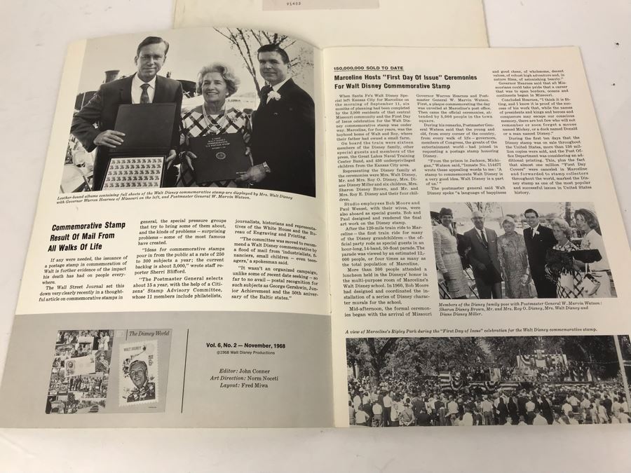 First Day Of Issue Ceremony Program Honoring Walt Disney With First Day Of Issue Stamp 9/11/1968 And Disney World Magazine Nov 1968 Showing Stamp [Photo 12]