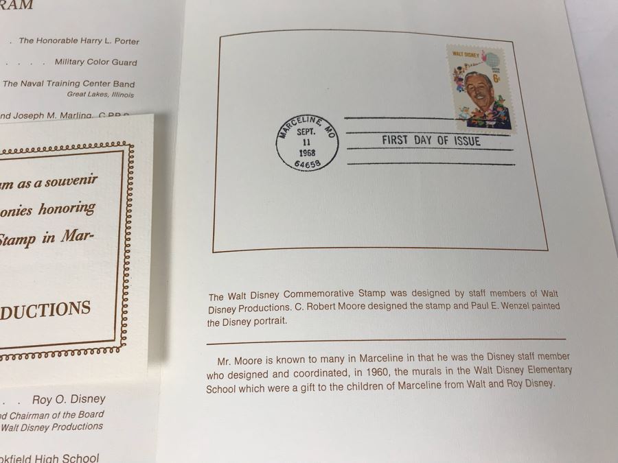 First Day Of Issue Ceremony Program Honoring Walt Disney With First Day Of Issue Stamp 9/11/1968 And Disney World Magazine Nov 1968 Showing Stamp [Photo 10]