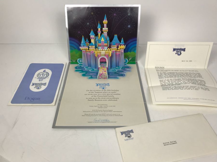 Vintage 1980 Disneyland Invitation And Program For 25th Birthday Of The Happiest Place On Earth And Letter Addressed To Fulton Burley Re Event
