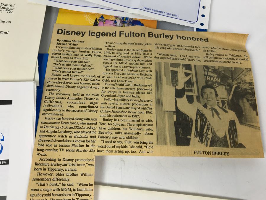 Fulton Burley's National Fantasy Fan Club (NFFC) Disney Legend Award Packet Information Including Award Acceptance Letter, Photos, Newsletters, Bios (See Photos) [Photo 11]