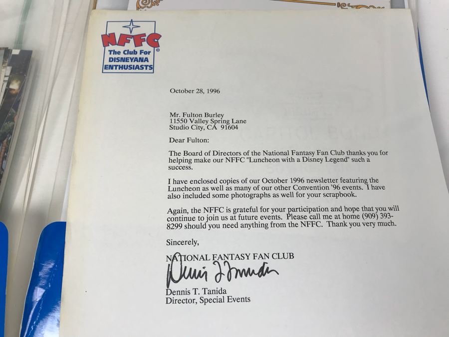 Fulton Burley's National Fantasy Fan Club (NFFC) Disney Legend Award Packet Information Including Award Acceptance Letter, Photos, Newsletters, Bios (See Photos) [Photo 5]