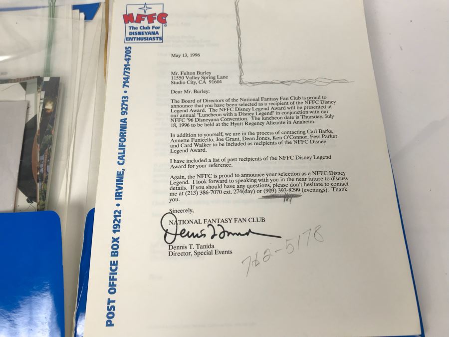 Fulton Burley's National Fantasy Fan Club (NFFC) Disney Legend Award Packet Information Including Award Acceptance Letter, Photos, Newsletters, Bios (See Photos) [Photo 2]