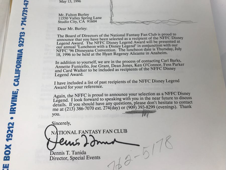 Fulton Burley's National Fantasy Fan Club (NFFC) Disney Legend Award Packet Information Including Award Acceptance Letter, Photos, Newsletters, Bios (See Photos) [Photo 3]