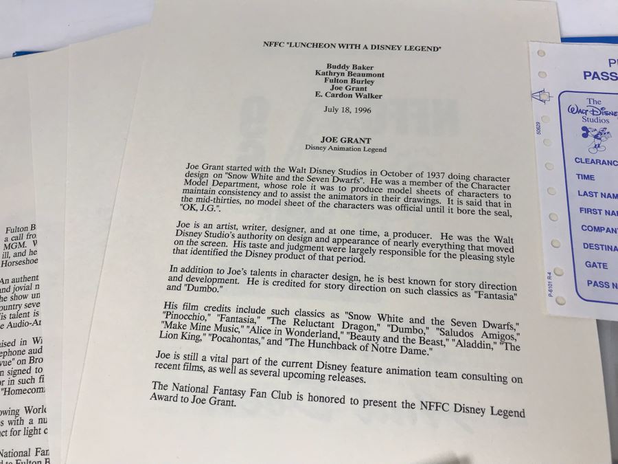 Fulton Burley's National Fantasy Fan Club (NFFC) Disney Legend Award Packet Information Including Award Acceptance Letter, Photos, Newsletters, Bios (See Photos) [Photo 14]