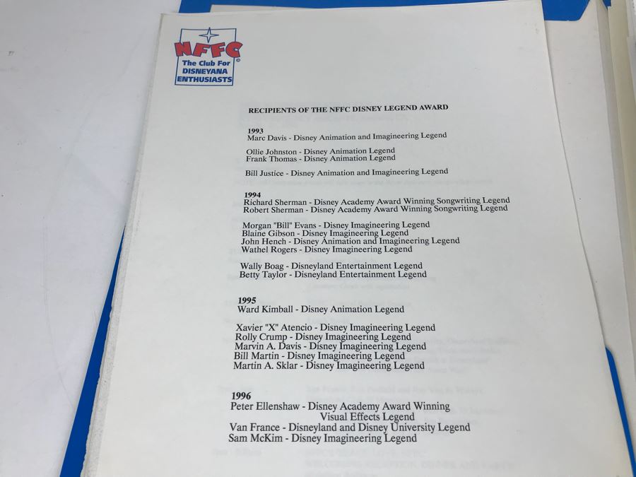 Fulton Burley's National Fantasy Fan Club (NFFC) Disney Legend Award Packet Information Including Award Acceptance Letter, Photos, Newsletters, Bios (See Photos) [Photo 25]