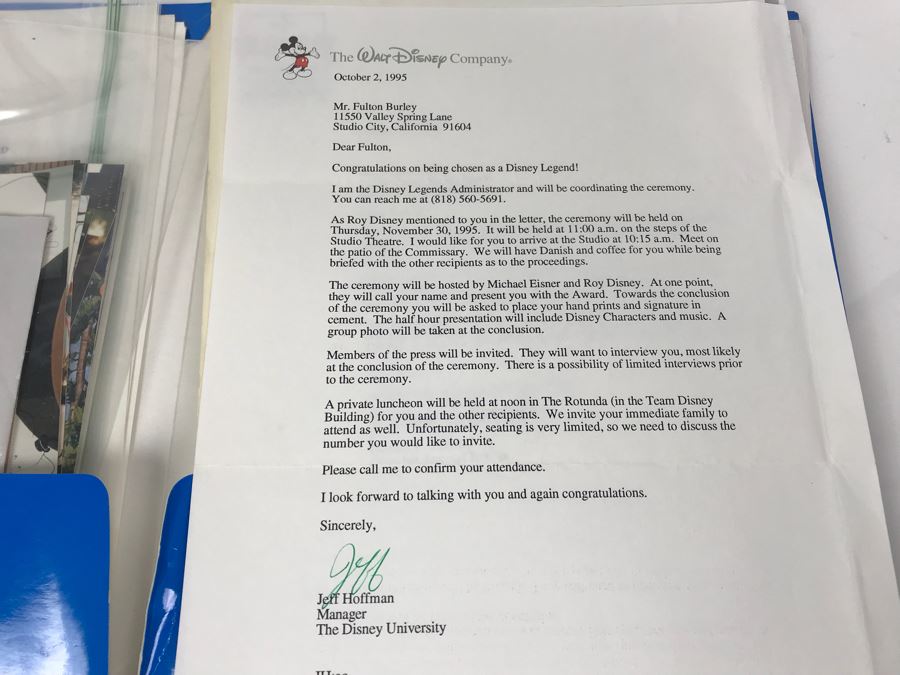 Fulton Burley's National Fantasy Fan Club (NFFC) Disney Legend Award Packet Information Including Award Acceptance Letter, Photos, Newsletters, Bios (See Photos) [Photo 4]