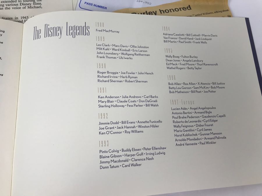 Fulton Burley's National Fantasy Fan Club (NFFC) Disney Legend Award Packet Information Including Award Acceptance Letter, Photos, Newsletters, Bios (See Photos) [Photo 19]