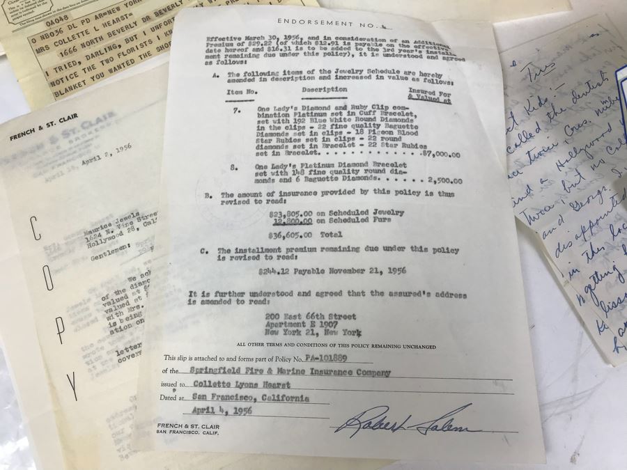 Collection Of Various Letters And Documents From George Hearst And Actress Collette Lyons Including Signed Letters From Lee Mortimer, Joe Sullivan, Actress Aileen Pringle And More (See Photos) [Photo 12]