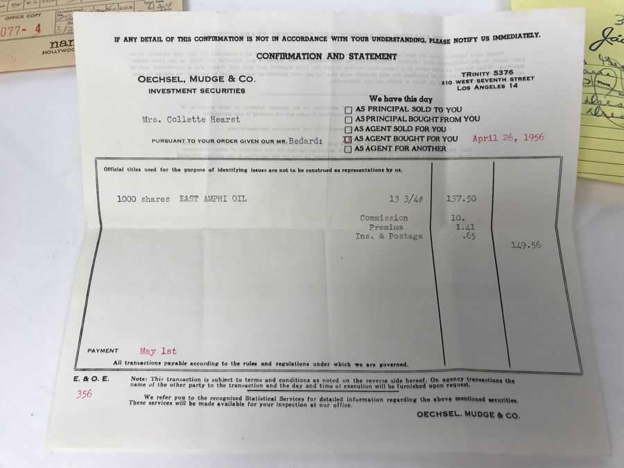 Collection Of Various Receipts, Billing Statements, Banking Checkbooks, Ledgers, W-2 For William Morris Agency For Acting And Notes From George Hearst And Actress Collette Lyons (See Photos) [Photo 20]