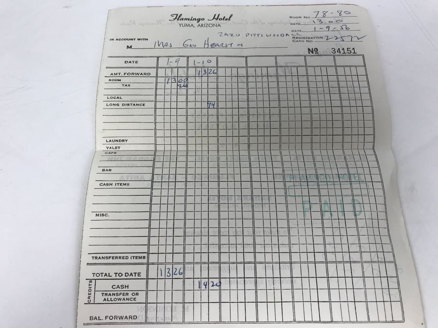 Collection Of Various Receipts, Billing Statements, Banking Checkbooks, Ledgers, W-2 For William Morris Agency For Acting And Notes From George Hearst And Actress Collette Lyons (See Photos) [Photo 37]
