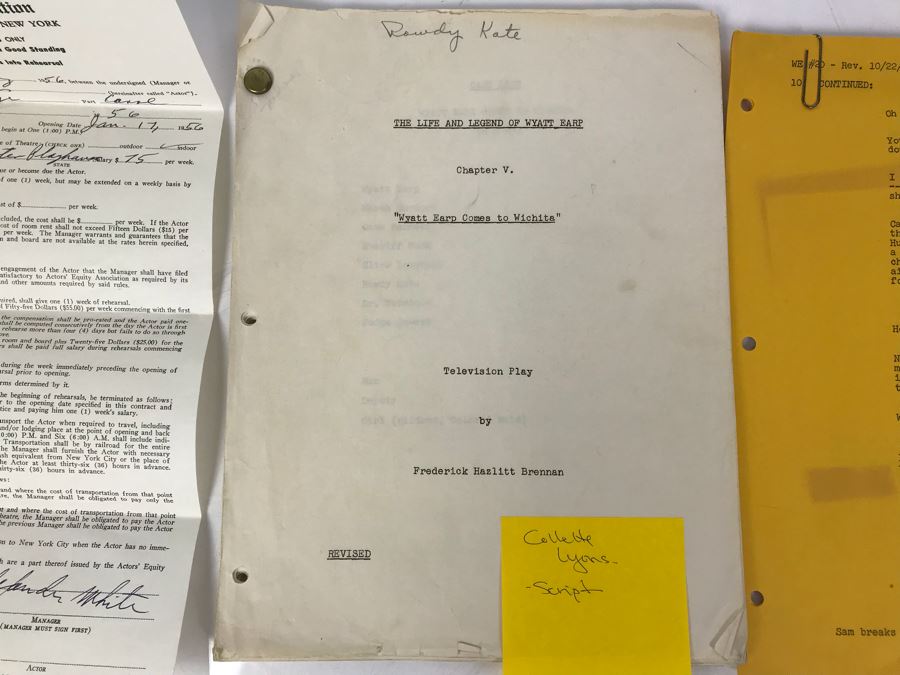 Actress Collette Lyons 1956 Acting Contract For 'Miss Private Eye' And Script For 'The Life And Legend Of Wyatt Earp' Television Play By Frederick Hazlitt Brennan [Photo 2]