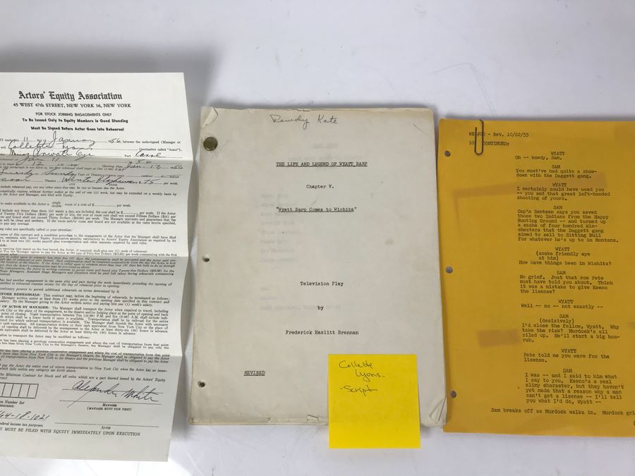 Actress Collette Lyons 1956 Acting Contract For 'Miss Private Eye' And Script For 'The Life And Legend Of Wyatt Earp' Television Play By Frederick Hazlitt Brennan