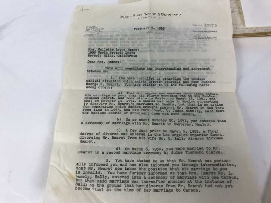 Official Signed Divorce Papers Between Actress Collette Lyons Hearst And George R. Hearst, Heartfelt Handwritten Draft And Typed Letter From Collette Lyons Regarding George Hearst And Other Documents Regarding George Hearst And Collette Lyons Hearst [Photo 21]