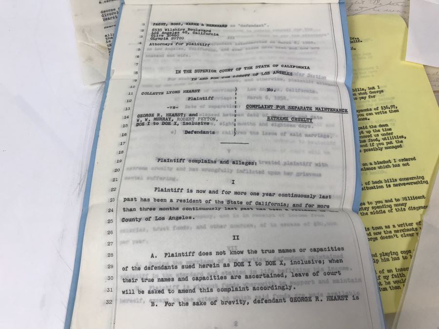 Official Signed Divorce Papers Between Actress Collette Lyons Hearst And George R. Hearst, Heartfelt Handwritten Draft And Typed Letter From Collette Lyons Regarding George Hearst And Other Documents Regarding George Hearst And Collette Lyons Hearst [Photo 5]