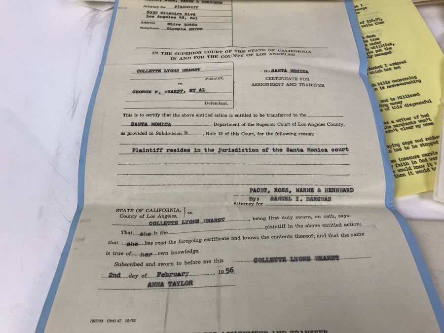 Official Signed Divorce Papers Between Actress Collette Lyons Hearst And George R. Hearst, Heartfelt Handwritten Draft And Typed Letter From Collette Lyons Regarding George Hearst And Other Documents Regarding George Hearst And Collette Lyons Hearst [Photo 14]