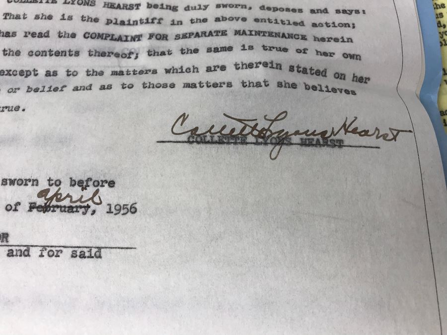 Official Signed Divorce Papers Between Actress Collette Lyons Hearst And George R. Hearst, Heartfelt Handwritten Draft And Typed Letter From Collette Lyons Regarding George Hearst And Other Documents Regarding George Hearst And Collette Lyons Hearst [Photo 13]